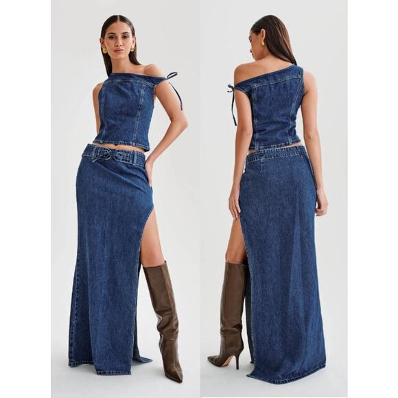 Meshki Ramsey Denim Off Shoulder Top & Maxi Skirt With Split Set Dark Blue XS - Picture 1 of 9